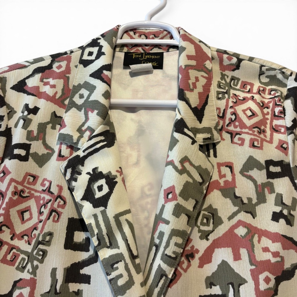 Vintage Toni Garment Geometric Print Womens L Blazer Jacket Tan Pink Olive Green